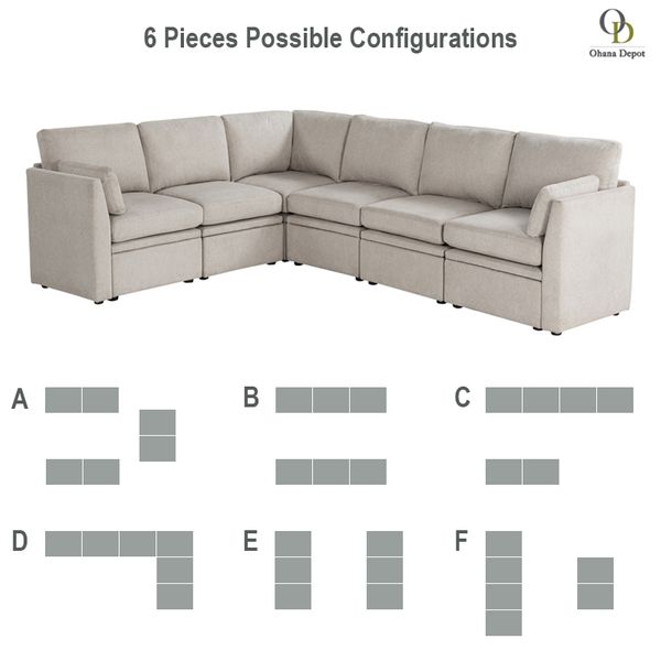 Oloa 3R Modular Sectional Sofa Couch - 6 Piece L-Shaped Living Room Sofa Set - Free Assembly